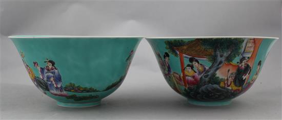 A pair of Chinese turquoise ground famille rose bowls, 20th century, 20cm.